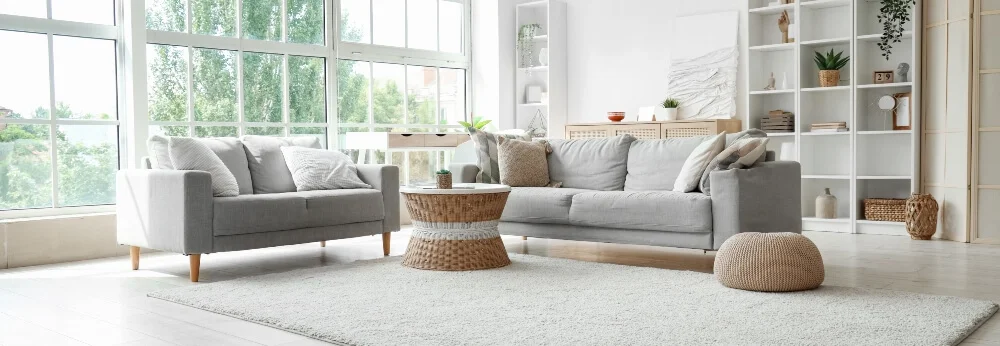 Heller, moderner Wohnbereich mit zwei Sofas